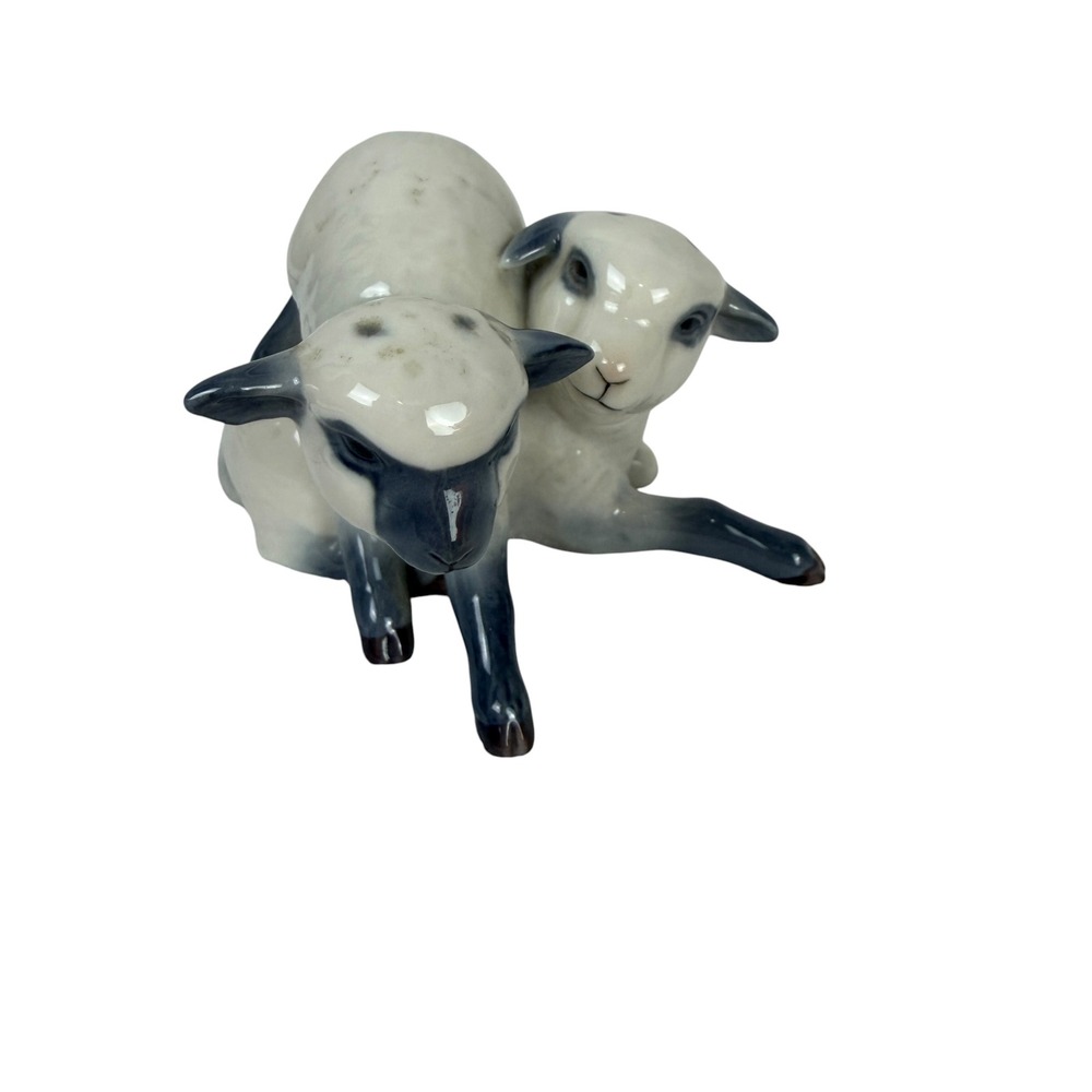 Rare Royal Copenhagen Two Lambs Porcelain Figurine 759 Blue White Danish Modern